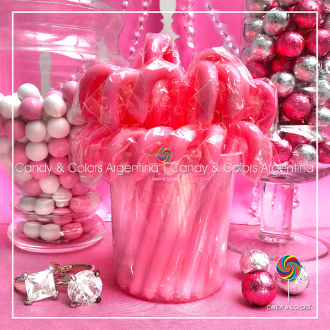 Bastón de caramelo- 14 cm - rosa chicle liso - por unidad
