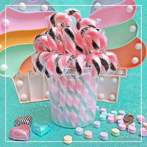 Bastón de caramelo - 14 cm - rosa chicle con negro y blanco