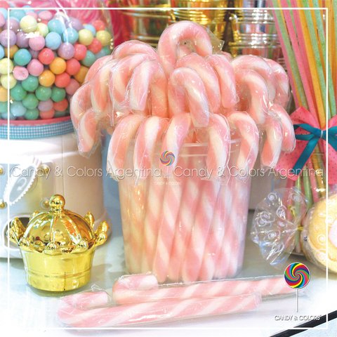 Bastón de caramelo de 14 cm - rosa y blanco - por unidad