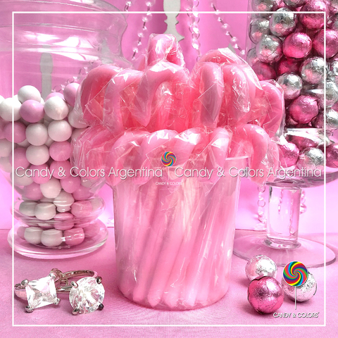 Bastón de caramelo- 14 cm - rosa liso - por unidad