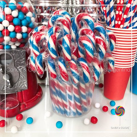 Bastón de caramelo de 14 cm - multicolor - rojo con azul y blanco - por unidad