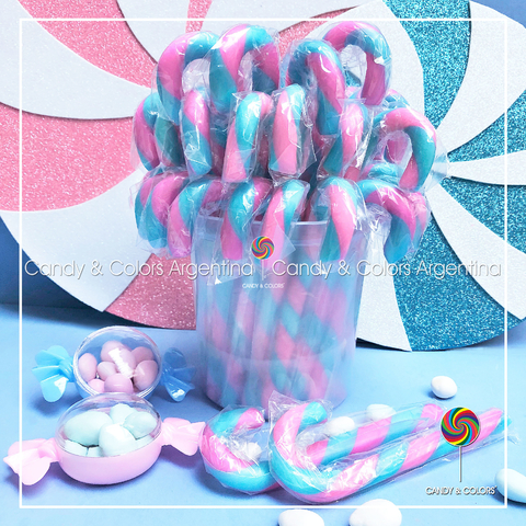 Bastón de caramelo de 14 cm - rosa con celeste - por unidad