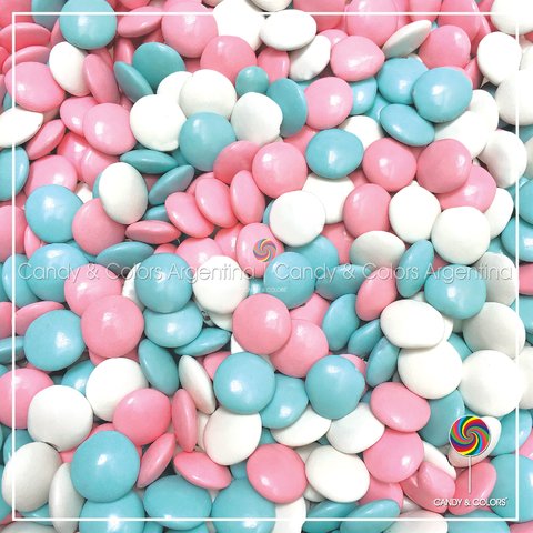 Lentejas de chocolate confitada / multicolor pastel - 400 grms - rosa con celeste y blanco