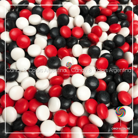 Lentejas frutales confitadas - mickey - rojo con negro y blanco - 500 grms