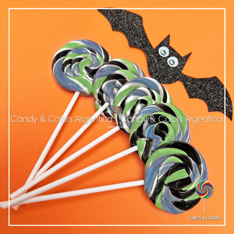 12 unidades - Paleta artesanal de azucar- 5,5 cm de diámetro - verde negro turquesa blanco - halloween - pack 12 unidades