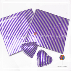 50 Hojas 9 x9 cm Papel Aluminio Tipo Chumbo para Envolver Bombones - violeta y plateado rayado brillante