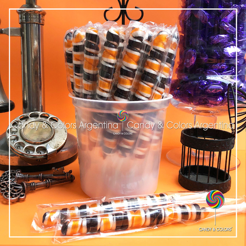 Pirulín de caramelo- 17 cm - negro con naranja y blanco - halloween - unidad