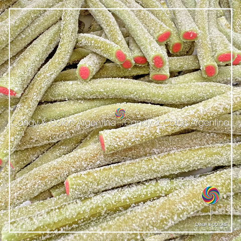 360 grms Regaliz Tubes Sticks masticables verde lima y coral - sandia acida - Tupper con tapa