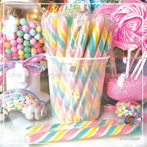 Varitas de caramelo - 17,5 cm - multicolor pastel - celeste agua - amarillo - rosa - unidad