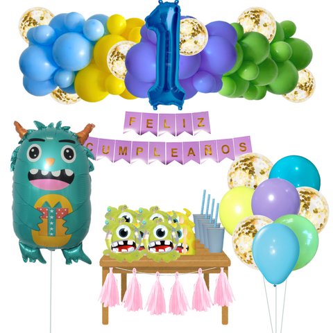 Combo Cumpleaños Kit Globos Monstruo Celeste Decoración