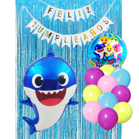 Combo Cumpleaños Globos Baby Shark Azul Tematica Decoracion