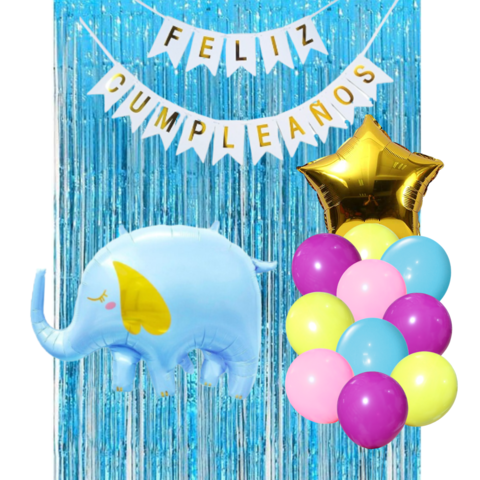 Combo Cumpleaños Globos Elefante Celeste Tematica Decoracion