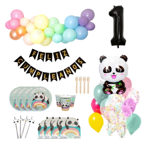 Combo Cumpleaños Kit Globos Panda Arcoíris Decoracion
