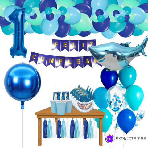 Combo Cumpleaños Kit Globos Tiburón Premium Decoración