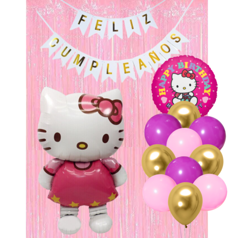 Combo Cumpleaños Globos Hello Kitty Rosa Tematica Decoracion