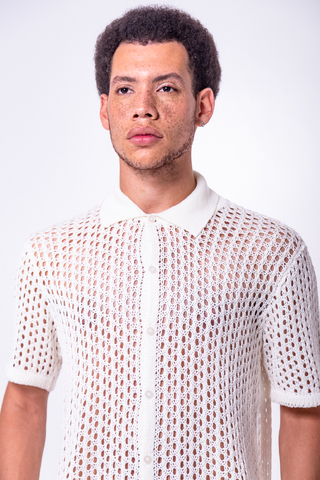Camisa de botões em tricô vazado gola polo off white | Tricoteen
