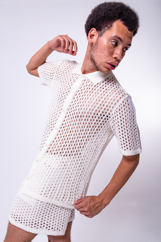 Camisa de botões em tricô vazado gola polo off white | Tricoteen