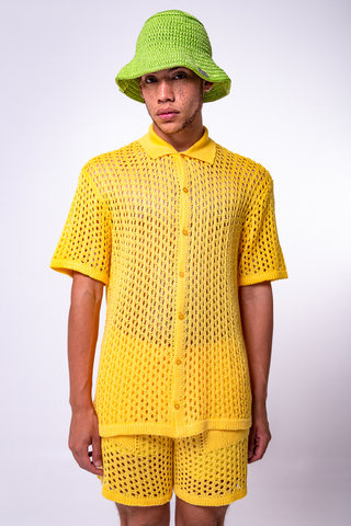 Short em tricô de telinha amarelo | Tricoteen 