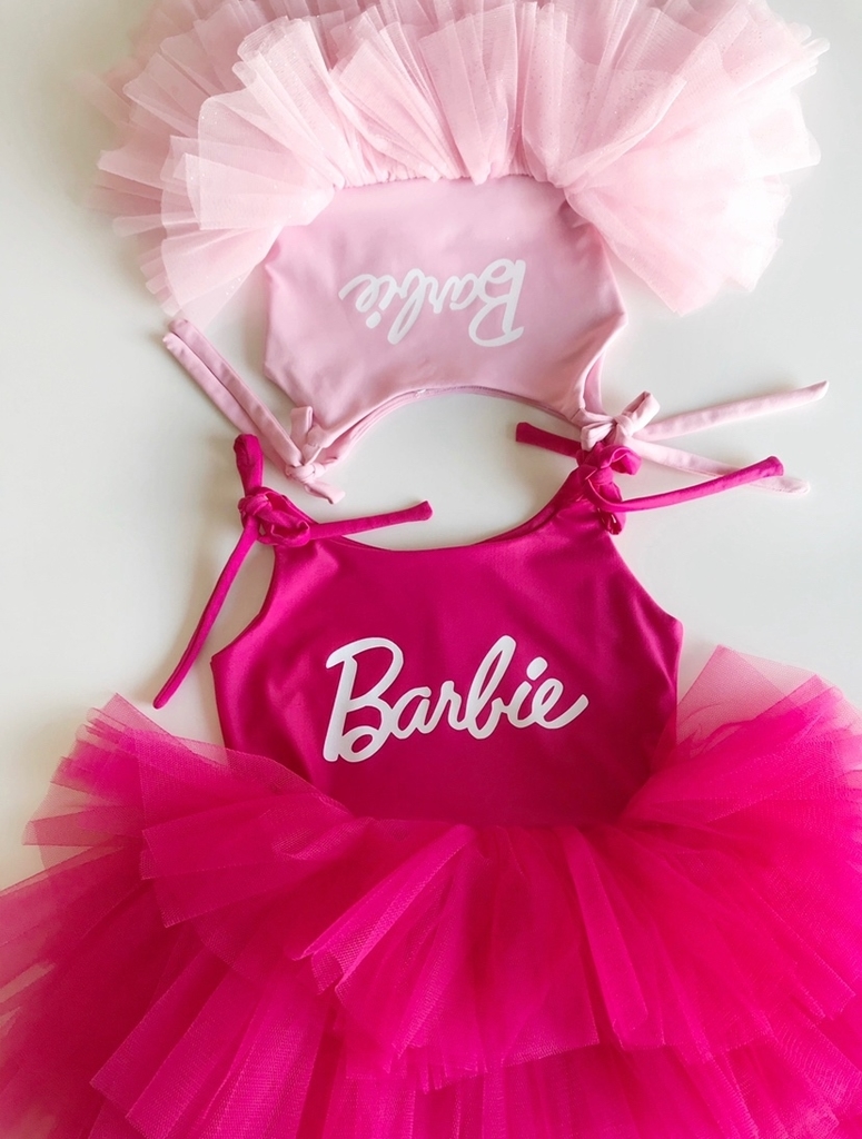 Vestido Infantil Barbie Rosa Brilho e Saia de Tule