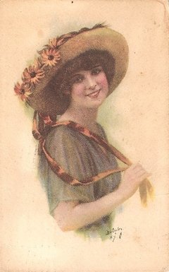 16728 Cartão Postal Antigo Mulher Chapéu Flores
