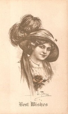 16831 Cartão Postal Antigo Mulher Chapéu Flores