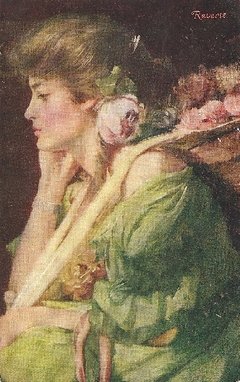 16832 Cartão Postal Antigo Pintura Mulher Flores