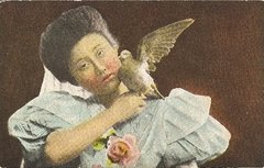 16848 Cartão Postal Antigo Pintura Mulher Passaro Flores