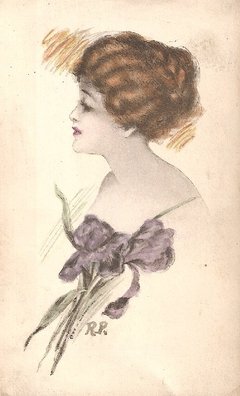 16850 Cartão Postal Antigo Pintura Mulher Flores