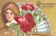 16868 Cartão Postal Antigo Mulher Leque Flores