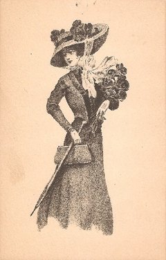 16886 Cartão Postal Antigo Mulher Chapéu Flores Guarda Chuva