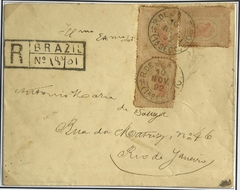 Brasil (79 MFI) Carta registrada do Rio de Janeiro de 10 de novembro de 1892 endereçada à mesma cidade. Carimbo de recepção no verso. Par e selo com a variedade "Efígie no verso".