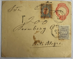 Brasil - Envelope circulado de Santa Cruz (RS) a Porto Alegre, 6 de Janeiro 1898. Selo tintureiro 100 réis ainda válido considerado como desmonetizado. Riscado NULO e taxada em 200 réis (Dobro o porte).