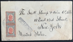 Brasil Envelope circulado da Bahia, 14 de abril de 1893 para New York, com chegada em 19 de maio de 1893. Carimbo POSTA URBANA demostrando a utilização de caixa de correio da cidade. Porteado com par do tintureiro.