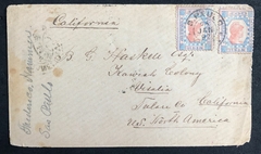 Brasil Envelope circulado de São Paulo, 25 de Janeiro de 1892 para California via Rio de Janeiro em 27 de janeiro. Entrada por New York em 29 de fevereiro e chegada ao destino em 5 de março. Porteado com par do tintureiro.