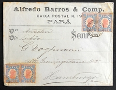 Brasil envelope circulado do Pará, 17 de agosto de 1892 para Hamburgo (Alemanha) via Lisboa 1 de maio e chegada ao destino em 5 de maio. Dois selos tintureiros não obliterados por serem desnecessários ao porte.