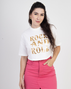 Camiseta Tshirt Cropped Rock And Roll Dourado Branco Off White