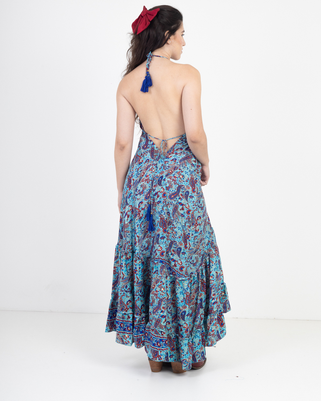 Vestido Indiano Longo Frente Única Estampado Azul