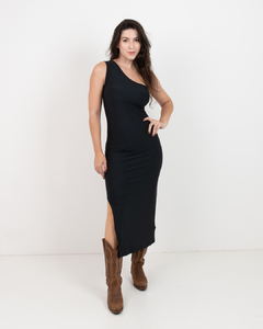 Vestido Tubinho Midi Um Ombro Só Fenda Lateral Preto