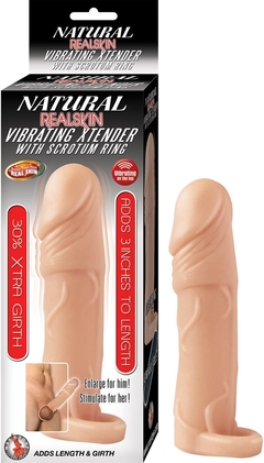 NATURAL REALSKIN VIBRATING XTENDER WITH SCROTUM RING-WHITE