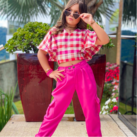 CHIC CORAL Conjunto Xadrez cropped+calça.