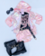 Conjunto de short saia rosa bebê metalizado, blusa preta e jaqueta metalizada na internet
