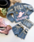 Conjunto de short, cropped e jaqueta personalizada jeans com franjas na internet