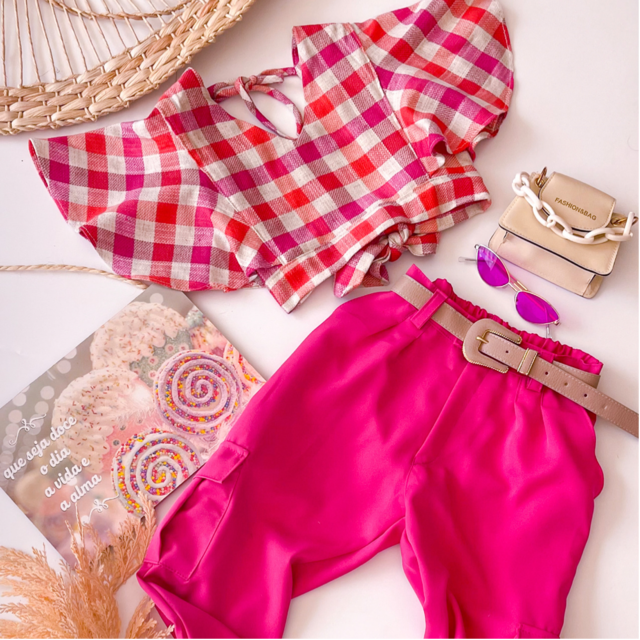 CHIC CORAL Conjunto Xadrez cropped+calça.