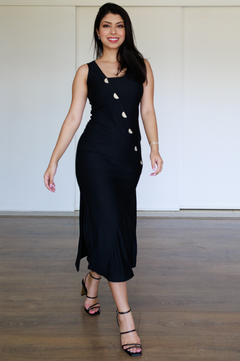 30352-VESTIDO MIDI MOLETINHO PRETO COM BOTÕES