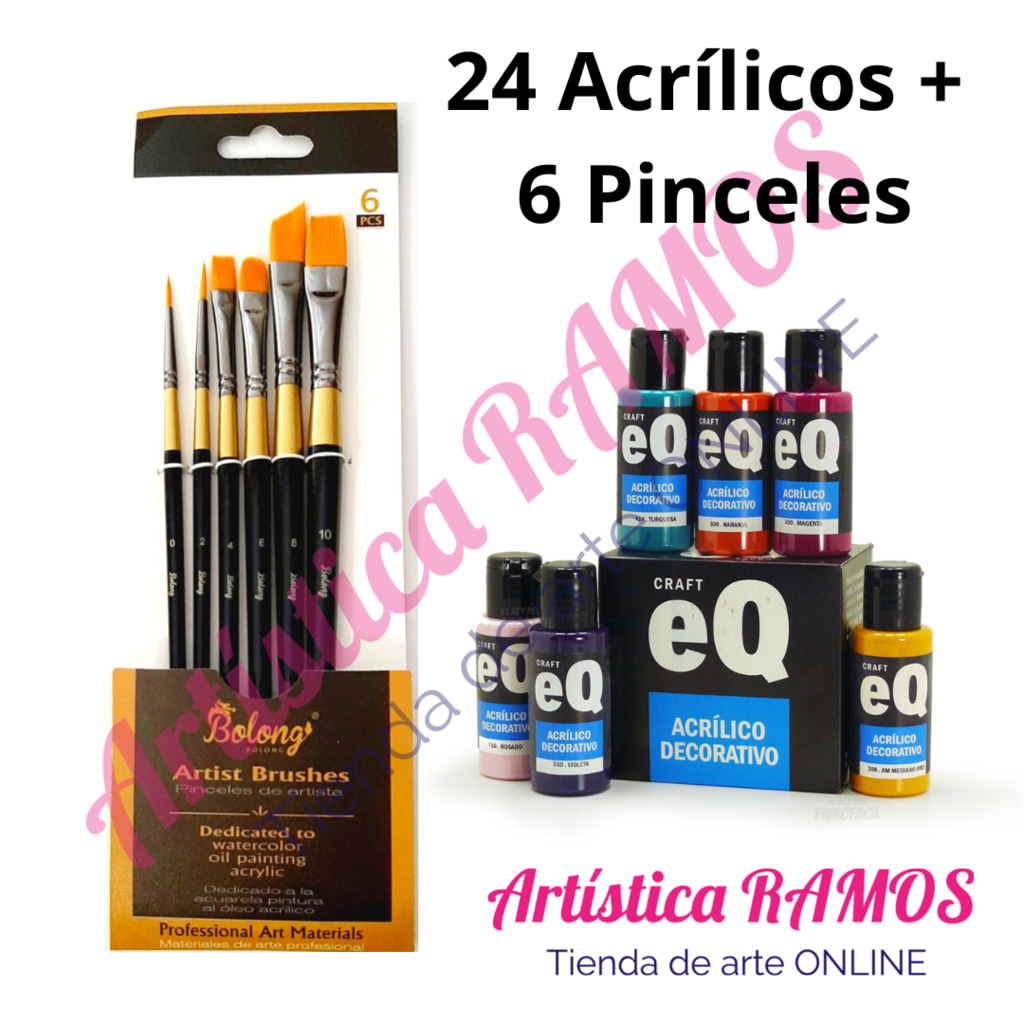 Promo 24 Acrilicos EQ + 6 Pinceles Premium