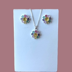 Conjunto Flor Miolo Zircônia Amarela Banhado a Prata