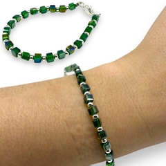 VOL-102-5 Pulsera Cristal de Roca Cuadrada Verde Premium Acero Blanco