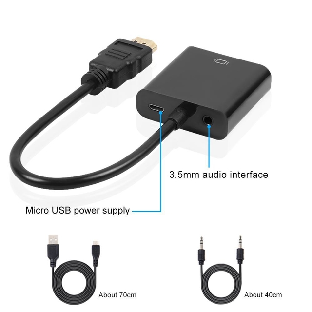 Adaptador HDMI a VGA, convertidor HDMI-VGA 1080P con conector de audio de  0.138 in y fuente de alimentación USB para portátil HDMI, PC, PS4