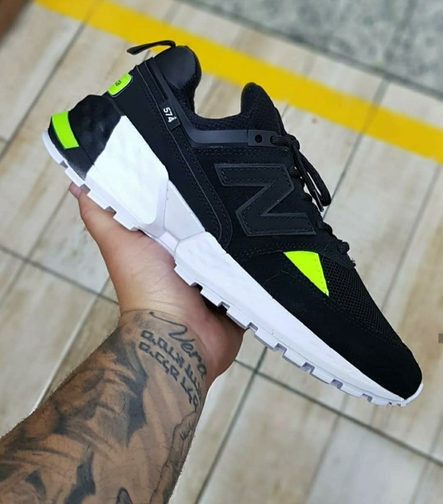 New balance 574 sport/preto/verde/sola branca