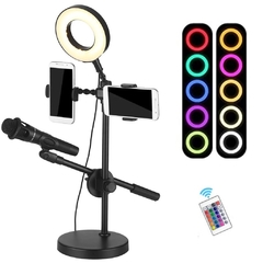 ARO DE LUZ LED 16,5CM (6'') RGBW CON DOBLE SOPORTE CELULAR, SOPORTE MICROFONO Y BASE REDONDA - SOLITER - comprar online